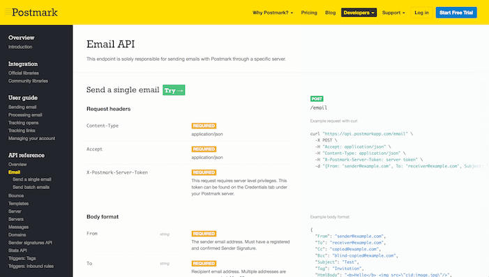 Screenshot of the Postmark API documentation