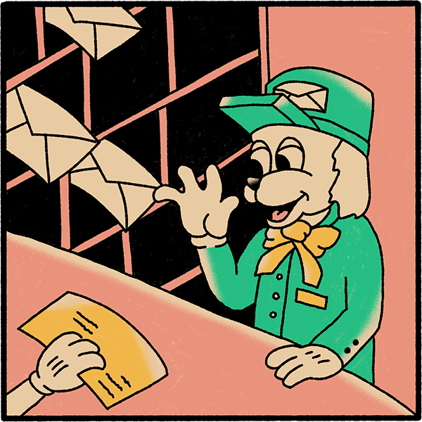 A fancy dog dressed as a mail teller waving