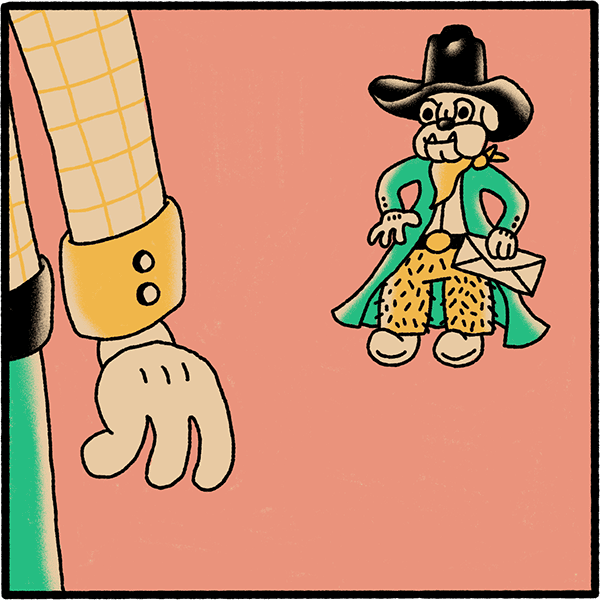 A stand off between Sheriff Wild Ear and a Billy the pup, a bulldog cowpoke