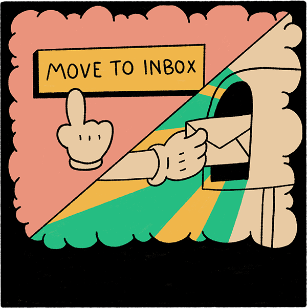 A hand clicking a Move to Inbox button on one side, and an email being delivered on the other