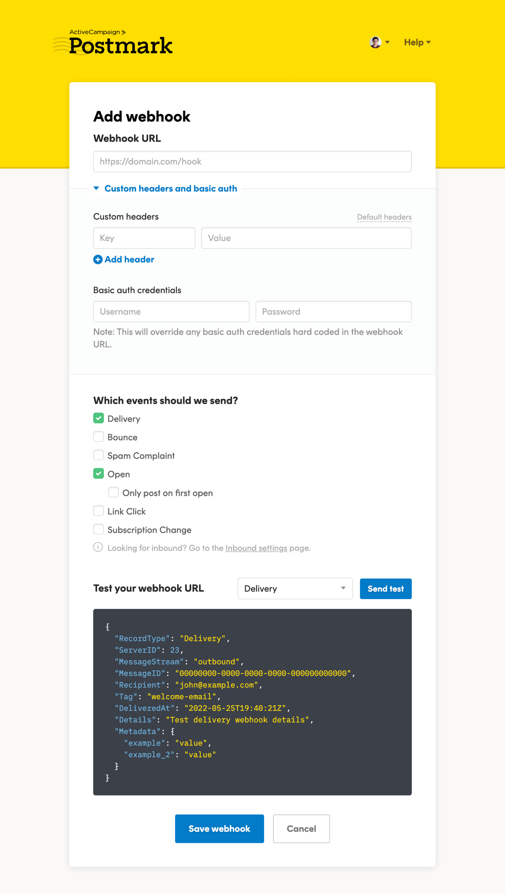 Screenshot of the page to add a new modular webhook