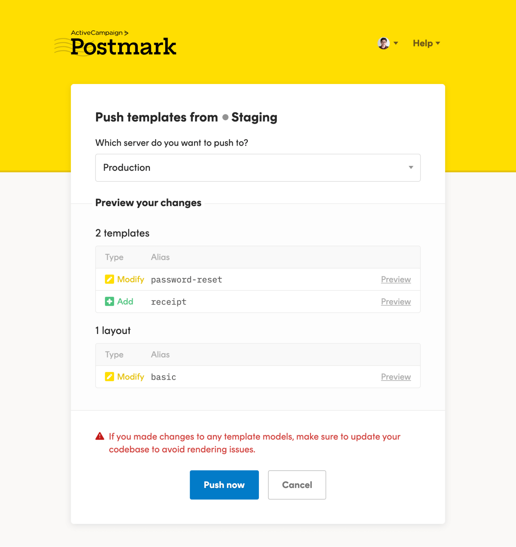 Postmark push templates page
